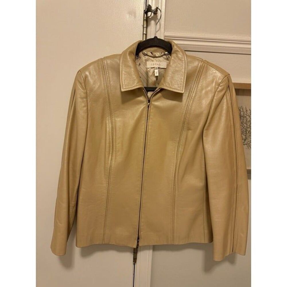 Escada Tan Leather Shimmer Stunning Classic Full-Zip Womens Jacket Size 44